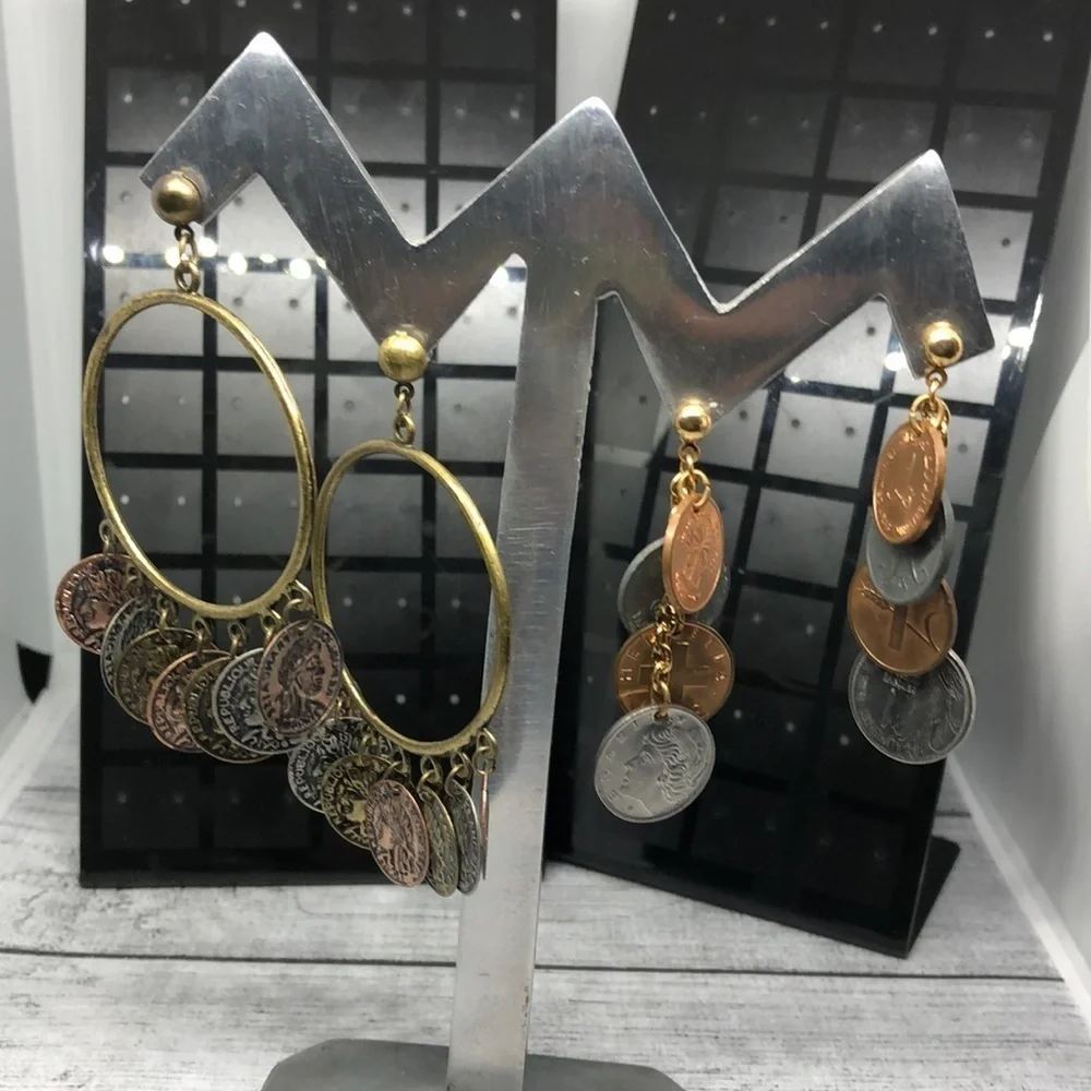 Curated bundle lot 2 coin charm boho style statement earrings long.